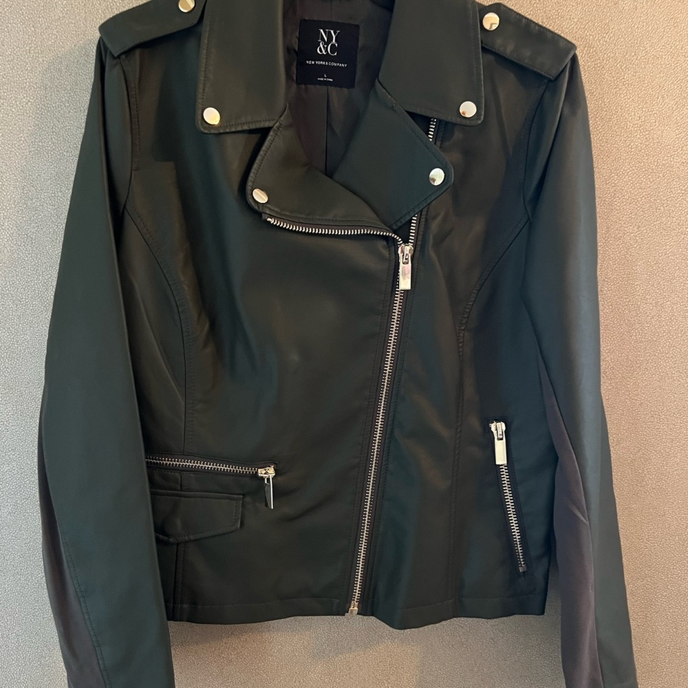 New York & Company Forest Green Moto Jacket with Silver Hardware